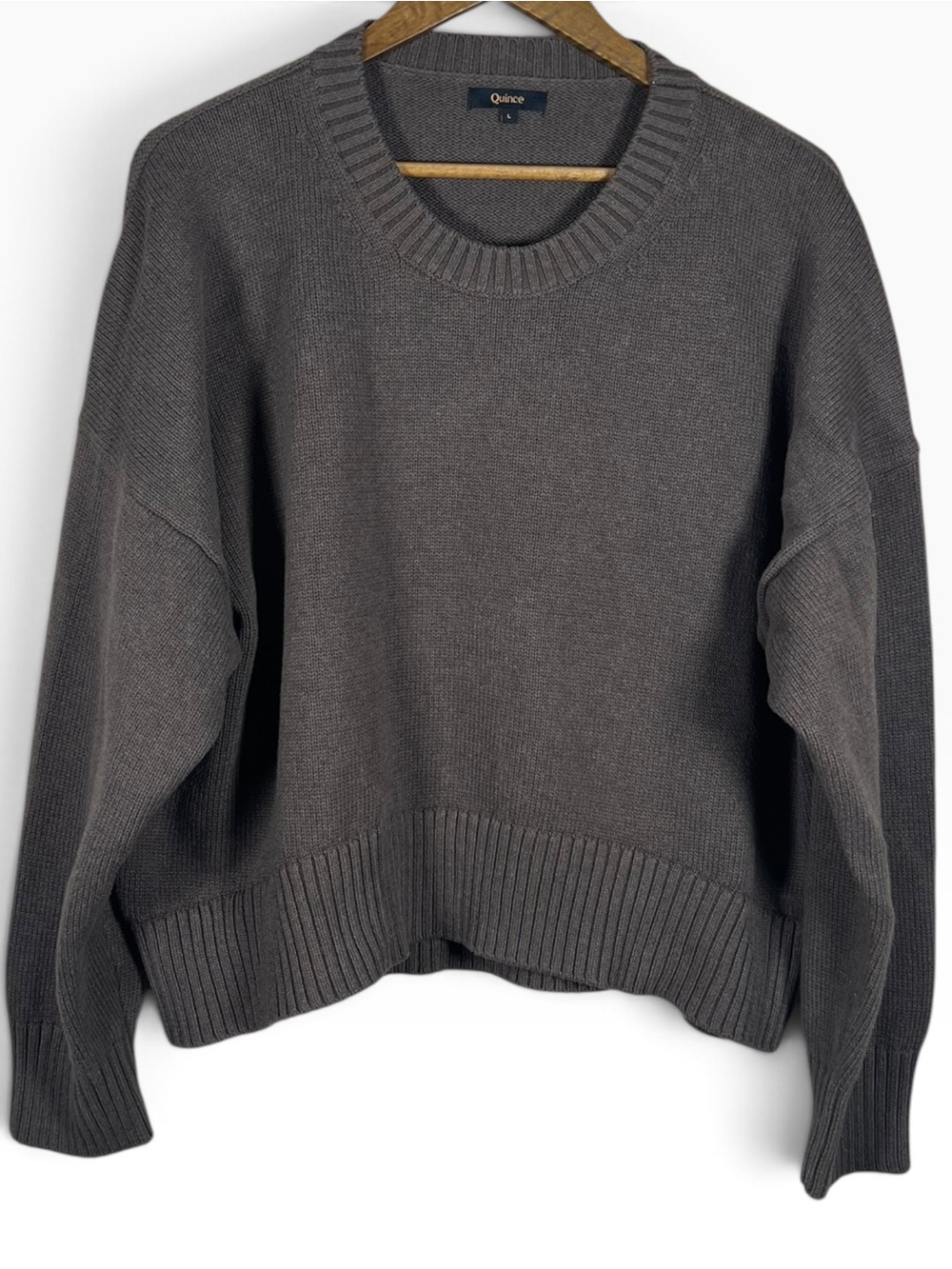 Quince Organic Cotton Boyfriend Crew Sweater Heather Brown Womens Large Neutral